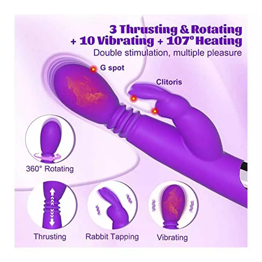 Thrusting Dildo Rabbit Vibrator Adult Sex Toys with Heating Function, 3 Thrusting & Rotating & 10 Tapping Vibrating G Spot Clito