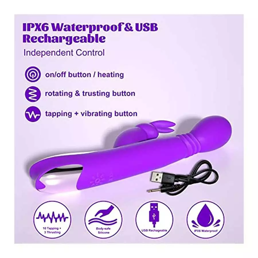 Thrusting Dildo Rabbit Vibrator Adult Sex Toys with Heating Function, 3 Thrusting & Rotating & 10 Tapping Vibrating G Spot Clito
