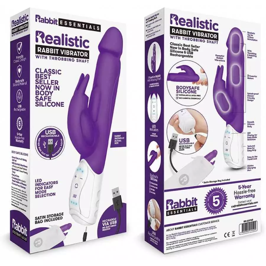 Rabbit Essentials Realistic Rabbit Vibrator with Throbbing Shaft (Includes: USB Rechargeable Charger, Satin Storage Bag, and Use Rabbit Essentials Realistic Rabbit Vibrator with Throbbing Shaft (Includes: USB Rechargeable Charger, Satin Storage Bag, and Use