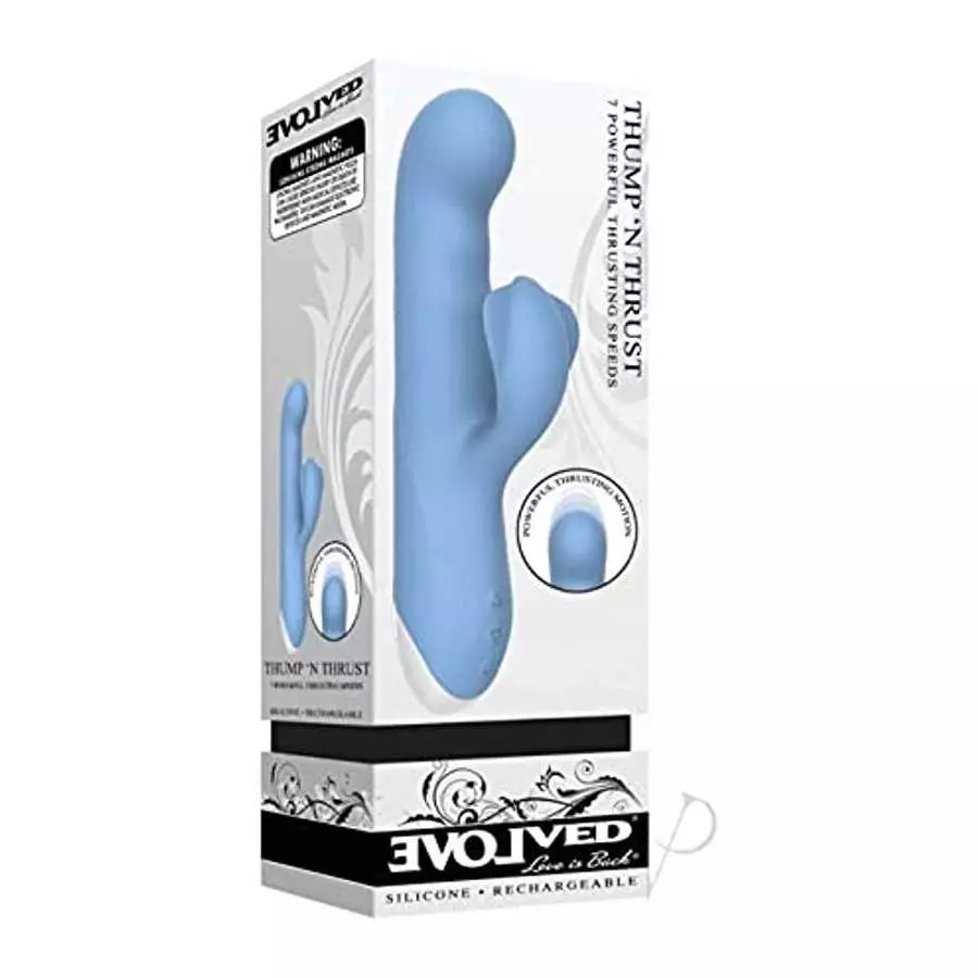 Evolved Love Is Back - Thump-'N Thrust Silicone Rechargeable Rabbit-Style Vibrator - Blue Evolved Love Is Back - Thump-'N Thrust Silicone Rechargeable Rabbit-Style Vibrator - Blue
