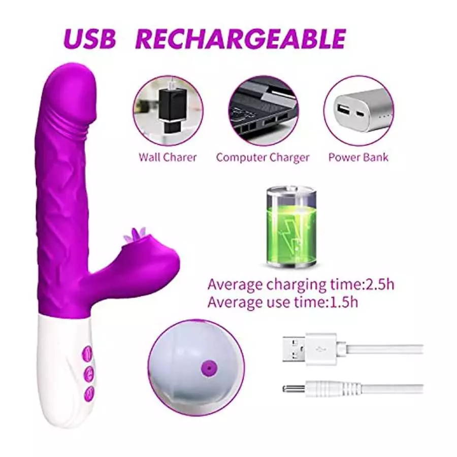 Thrusting Dildo Rabbit Vibrator for Women, Licking Tongue G Spot Sex Toy with 3 Telescopic & 10 Vibration Modes,Can Heating Anal