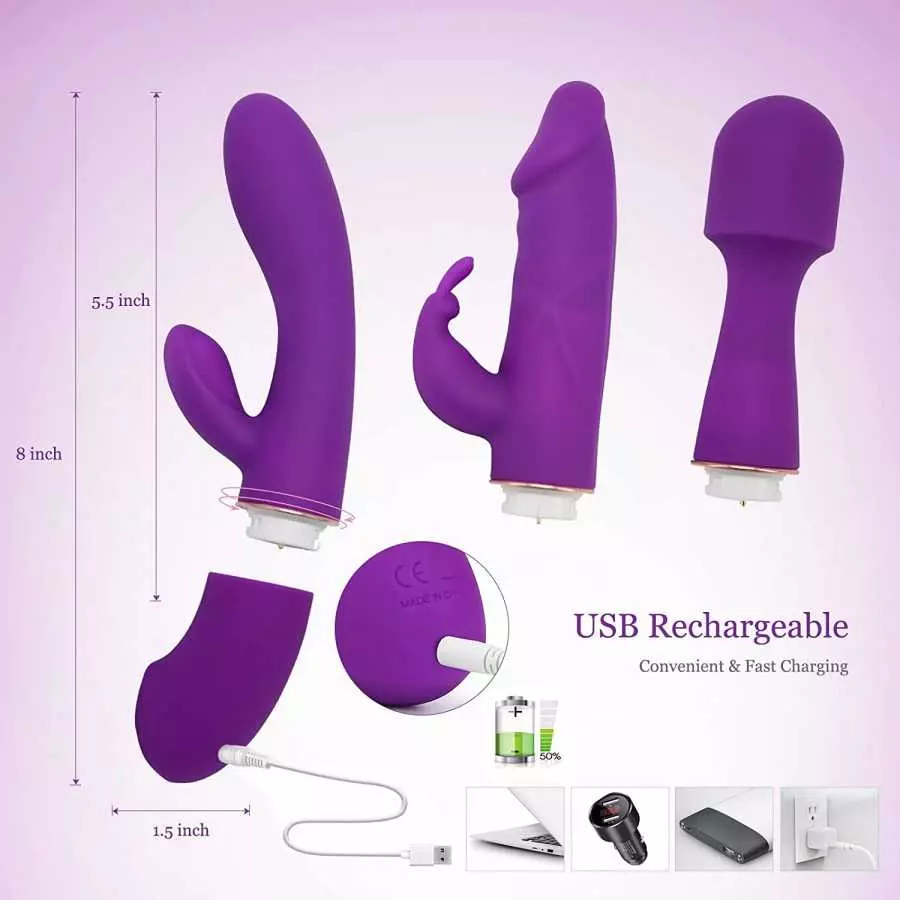 Rabbit Dual Vibrator Adult Sex Sensory Toys for Women, Detachable 3-in-1 Powerful Silicone Massager Kit for G-Spot Clit Anal Org