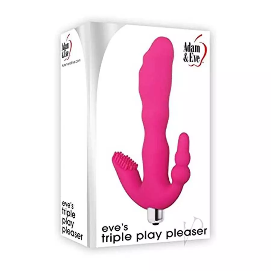 Adam & Eve Eve’s Triple Play Pleaser Vibrator, Pink | Waterproof Silicone G Spot Vibrator, Clit Stimulator and Butt Plug in One 