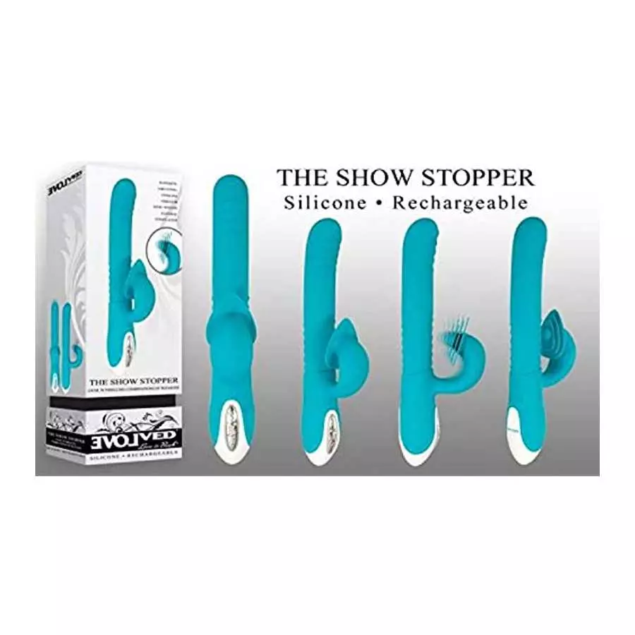 Evolved Love Is Back - Show Stopper - Powerful Thrusting Twirling with Clitoral Stimulation Rabbit-Style Vibrator - Teal