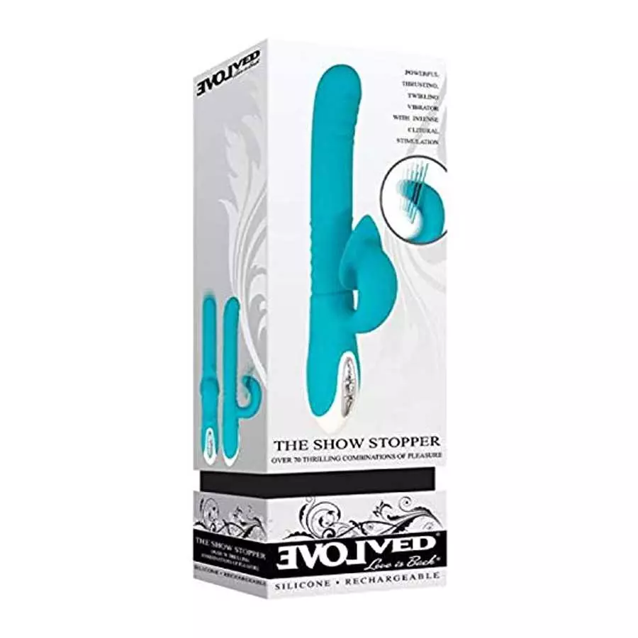 Evolved Love Is Back - Show Stopper - Powerful Thrusting Twirling with Clitoral Stimulation Rabbit-Style Vibrator - Teal