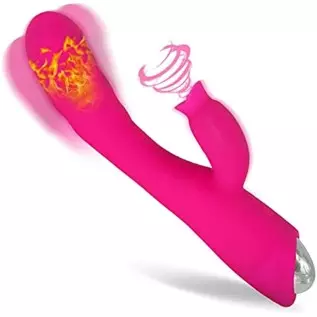 Rabbit Vibrator, Heating Dildo Vibrator with 30 Modes, Sucking & Licking 2 in 1 Dildo Vibration Machine for Women & Couples Rose