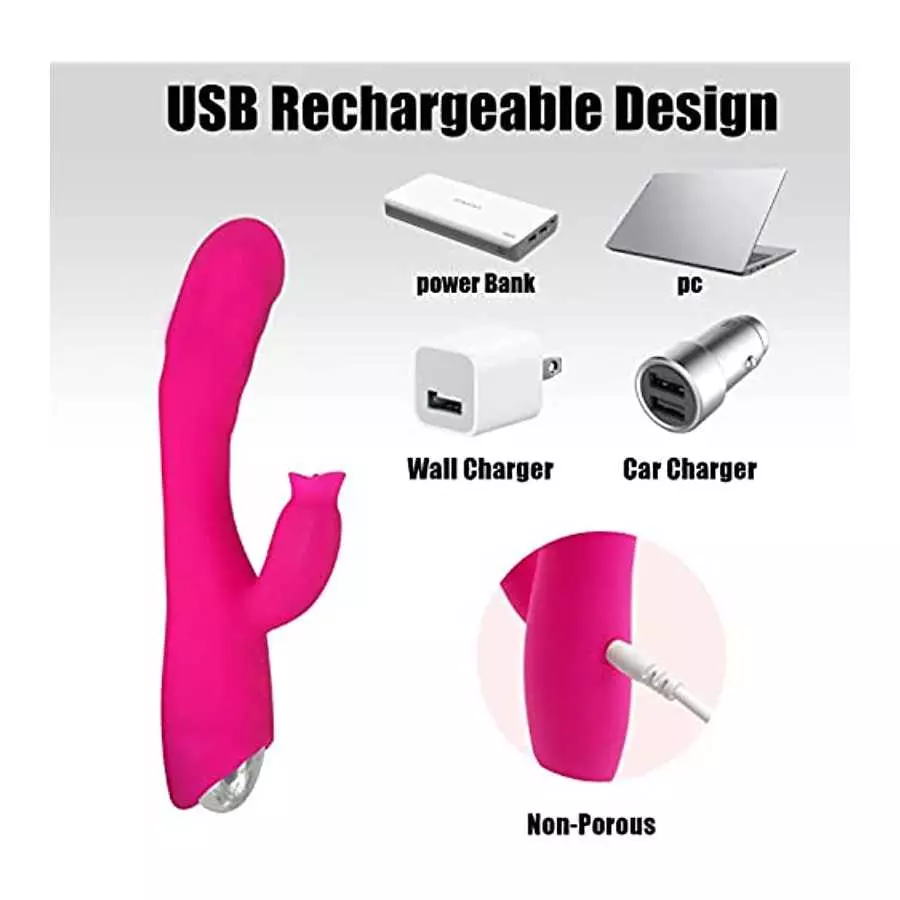 Rabbit Vibrator, Heating Dildo Vibrator with 30 Modes, Sucking & Licking 2 in 1 Dildo Vibration Machine for Women & Couples Rose