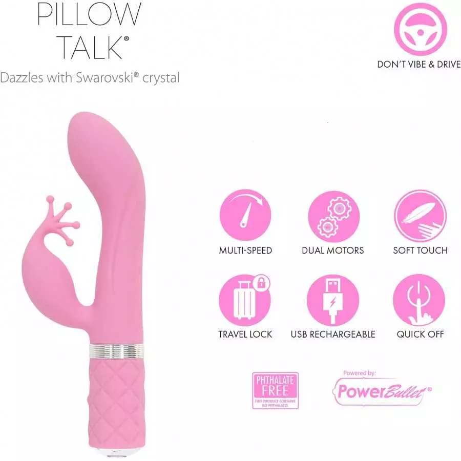 Pillow Talk Kinky Massager, Multi Speed with Swarovski Crystal Button, USB Rechargeable (Pink)