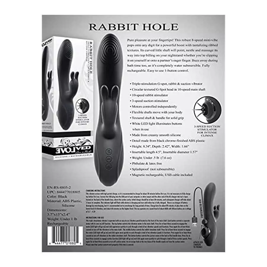 Evolved Novelties - Rabbit Hole - Rechargeable Silicone Triple Stimulation G-Spot, Rabbit & Suction Vibrator - Black