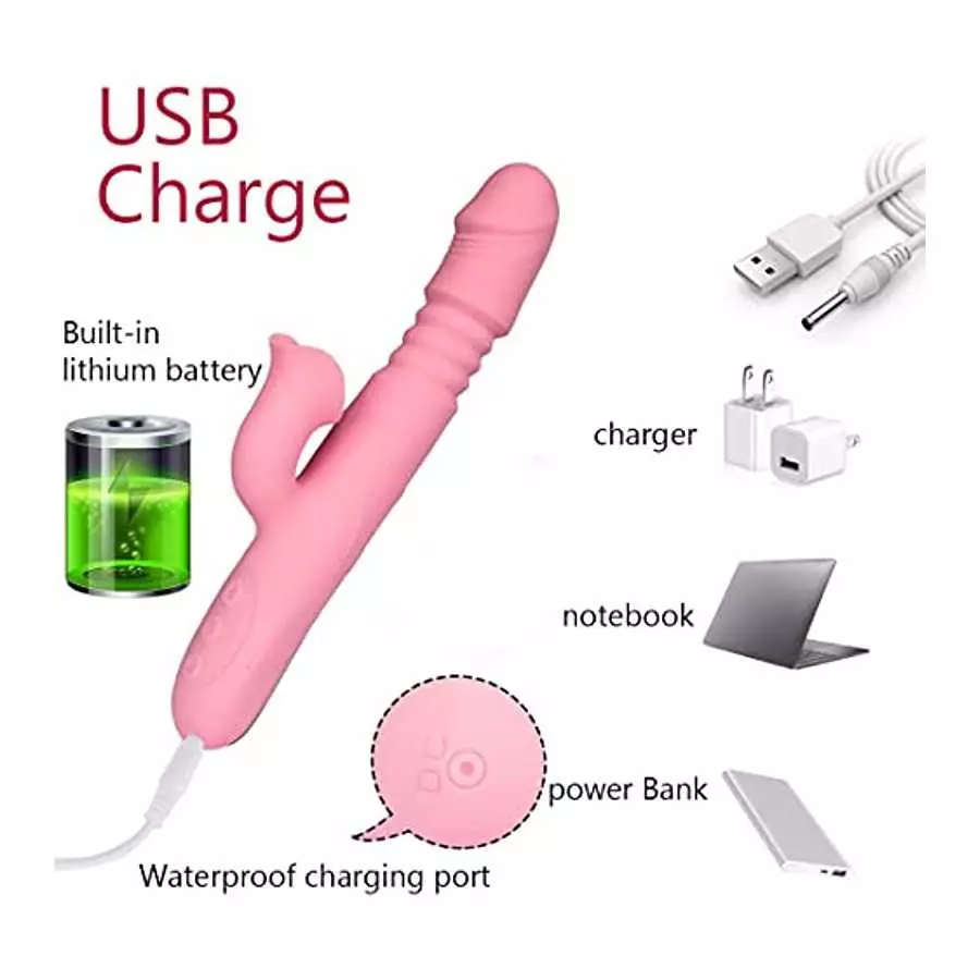 Thrusting Rabbit Vibrator , 9.8" Triple Action G Spot Vibrator with Independent Clitoral Stimulator, 10 Patterns, Waterproof & R