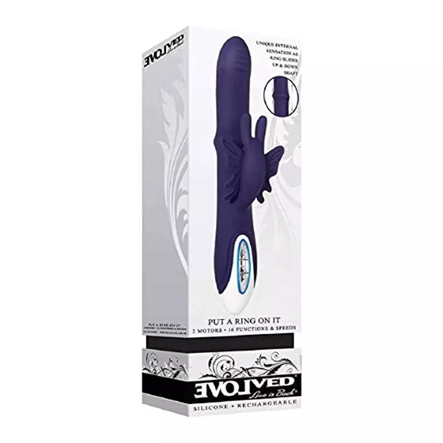 Evolved Novelties - Put a Ring On it - 2 Motors - 16 Functions and Speeds - Rabbit-Style Silicone Rechargeable Vibrator - Purple