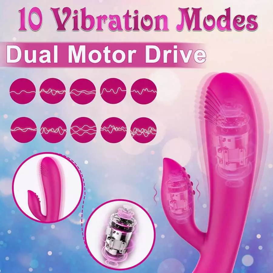 G-Spot Dildo Rabbit Vibrator with 10 Vibration Modes, Clitoris Stimulator Dual Motor Massager Vaginal Anal Motor, Soft Silicone 