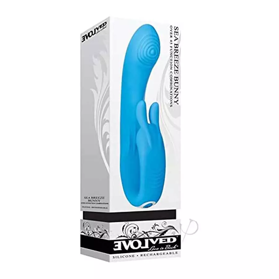 Evolved Love Is Back - Sea Breeze Bunny - Silicone Rechargeable - Rabbit Style Vibrator, Blue Evolved Love Is Back - Sea Breeze Bunny - Silicone Rechargeable - Rabbit Style Vibrator, Blue