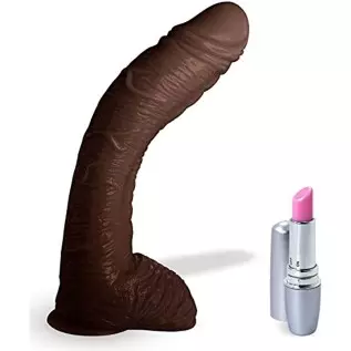  Dildo Big Bent 10 Inch Realistic Suction Cup Thick Veiny Curved Chocolate Bundle with Secret Lipstick