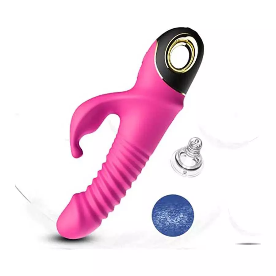Beaded Thrusting Rabbit Vibrator, 9.8" Triple Action G Spot Vibrator with Independent Clitoral Stimulator, 10 Patterns, Waterpro