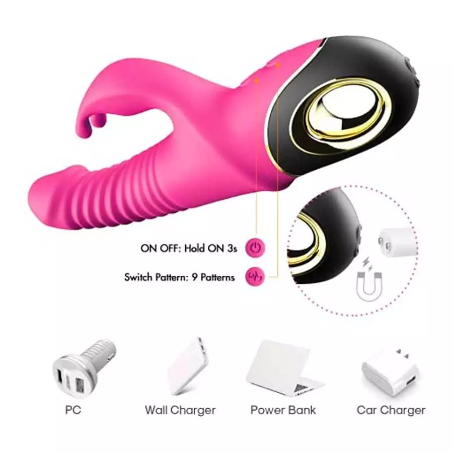 Beaded Thrusting Rabbit Vibrator, 9.8" Triple Action G Spot Vibrator with Independent Clitoral Stimulator, 10 Patterns, Waterpro