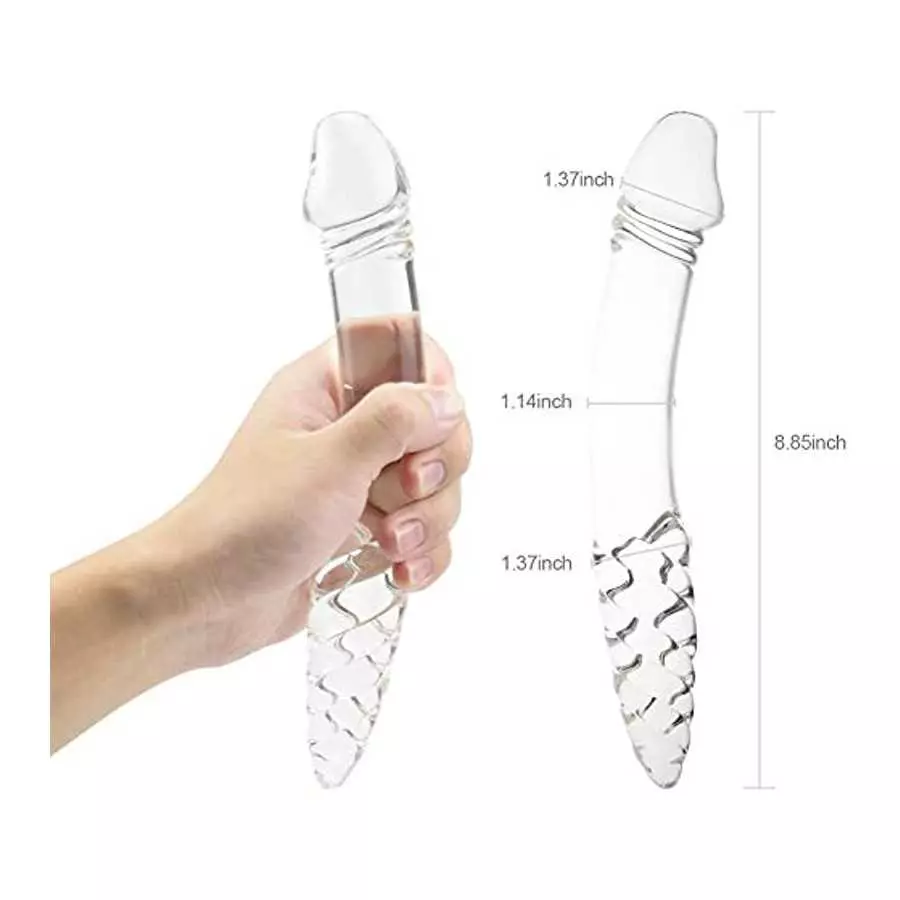 Glass Dildo, Crystal Double-Ended Penis Pleasure Wand with Spiral Texture and Vivid Glans Anal Butt Plug for G-spot Stimulation