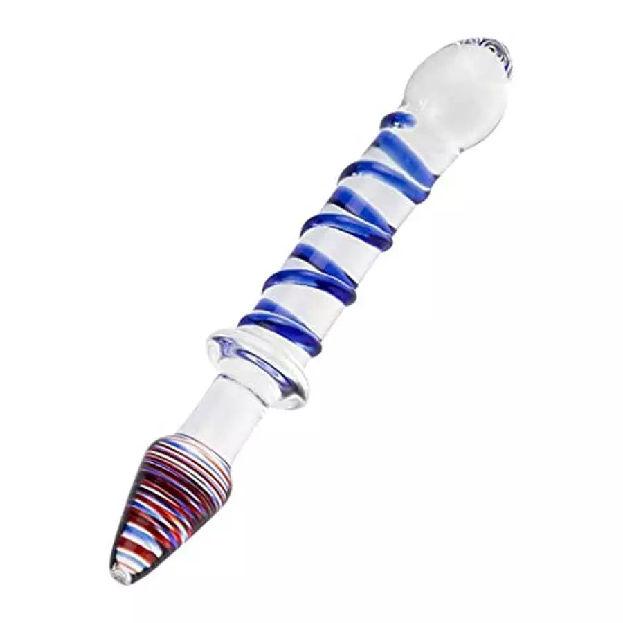 Glass Double Ended Dildo, Crystal Penis Cock Dong Anal Butt Plug Pleasure Wand with Blue Spiral for Men Women Stimulation Glass Double Ended Dildo, Crystal Penis Cock Dong Anal Butt Plug Pleasure Wand with Blue Spiral for Men Women Stimulation