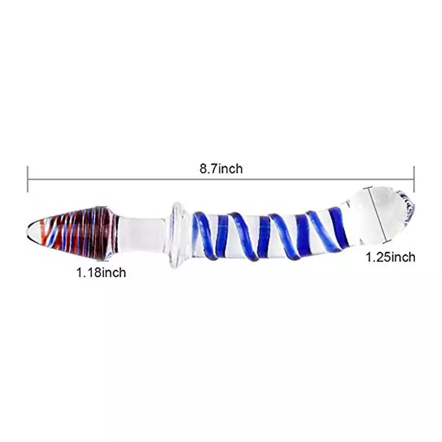 Glass Double Ended Dildo, Crystal Penis Cock Dong Anal Butt Plug Pleasure Wand with Blue Spiral for Men Women Stimulation