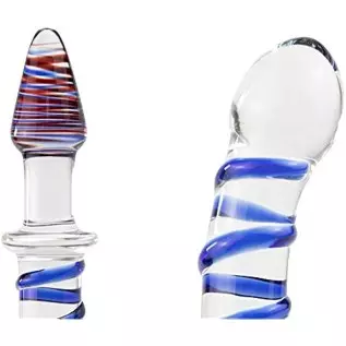 Glass Double Ended Dildo, Crystal Penis Cock Dong Anal Butt Plug Pleasure Wand with Blue Spiral for Men Women Stimulation Glass Double Ended Dildo, Crystal Penis Cock Dong Anal Butt Plug Pleasure Wand with Blue Spiral for Men Women Stimulation