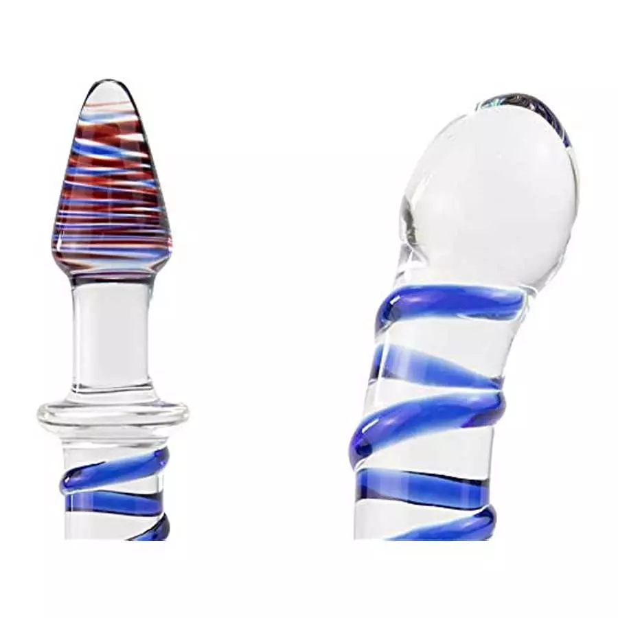 Glass Double Ended Dildo, Crystal Penis Cock Dong Anal Butt Plug Pleasure Wand with Blue Spiral for Men Women Stimulation