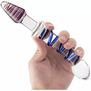 Glass Double Ended Dildo, Crystal Penis Cock Dong Anal Butt Plug Pleasure Wand with Blue Spiral for Men Women Stimulation Glass Double Ended Dildo, Crystal Penis Cock Dong Anal Butt Plug Pleasure Wand with Blue Spiral for Men Women Stimulation