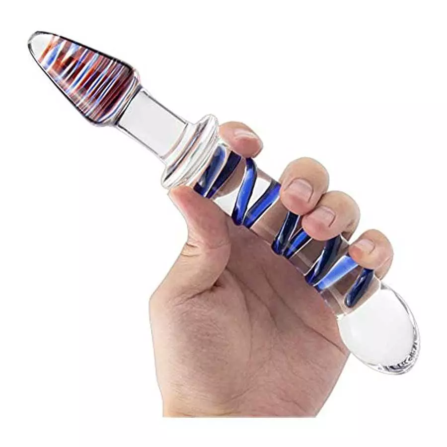 Glass Double Ended Dildo, Crystal Penis Cock Dong Anal Butt Plug Pleasure Wand with Blue Spiral for Men Women Stimulation