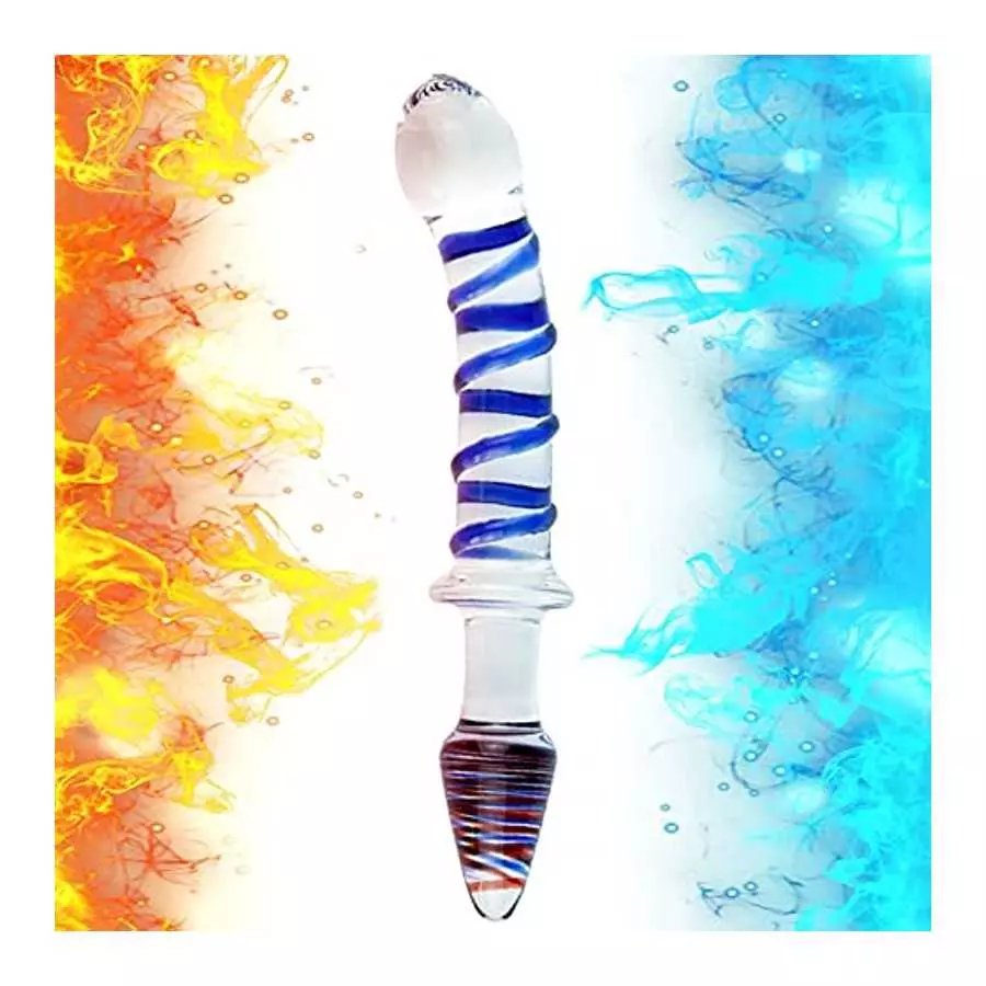 Glass Double Ended Dildo, Crystal Penis Cock Dong Anal Butt Plug Pleasure Wand with Blue Spiral for Men Women Stimulation