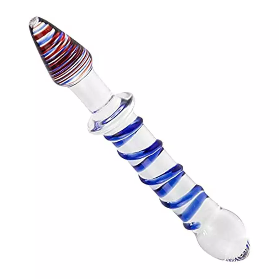 Glass Double Ended Dildo, Crystal Penis Cock Dong Anal Butt Plug Pleasure Wand with Blue Spiral for Men Women Stimulation