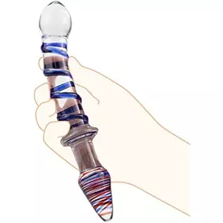 Glass Double Ended Dildo, Crystal Penis Cock Dong Anal Butt Plug Pleasure Wand with Blue Spiral for Men Women Stimulation Glass Double Ended Dildo, Crystal Penis Cock Dong Anal Butt Plug Pleasure Wand with Blue Spiral for Men Women Stimulation
