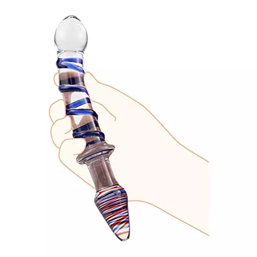 Glass Double Ended Dildo, Crystal Penis Cock Dong Anal Butt Plug Pleasure Wand with Blue Spiral for Men Women Stimulation