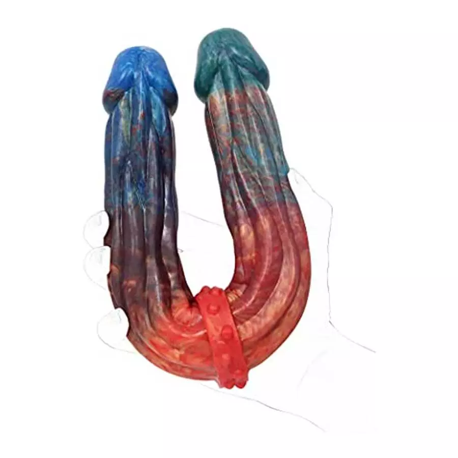 13 inches Long Double End Devil Dildo, Body-Safe Red&Cyan Silicone Double Headed Anal Butt Plug Sex Toy Penetration Dual Dong fo