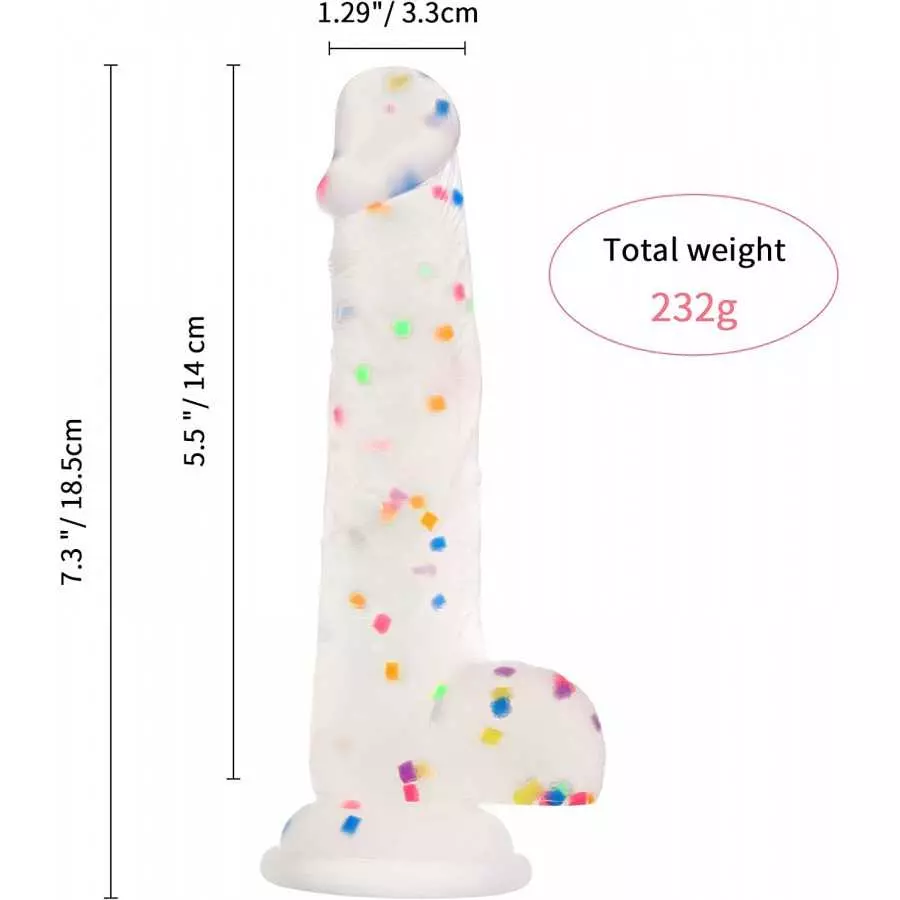 Seiecft 6.5 Inch Confetti Clear Silicone Dildo with Flared Suction Cup Base for Hands-Free Play, Flexible Dildo with Curved Shaf