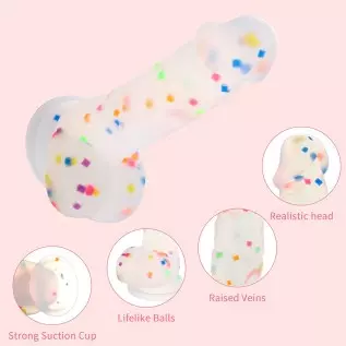 Seiecft 6.5 Inch Confetti Clear Silicone Dildo with Flared Suction Cup Base for Hands-Free Play, Flexible Dildo with Curved Shaf