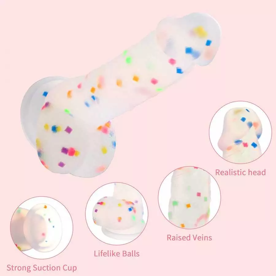 Seiecft 6.5 Inch Confetti Clear Silicone Dildo with Flared Suction Cup Base for Hands-Free Play, Flexible Dildo with Curved Shaf