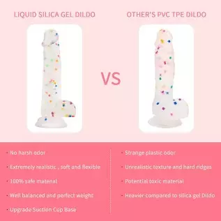 Seiecft 6.5 Inch Confetti Clear Silicone Dildo with Flared Suction Cup Base for Hands-Free Play, Flexible Dildo with Curved Shaf