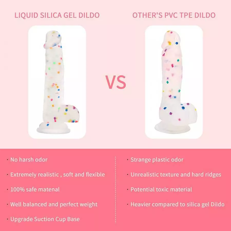 Seiecft 6.5 Inch Confetti Clear Silicone Dildo with Flared Suction Cup Base for Hands-Free Play, Flexible Dildo with Curved Shaf