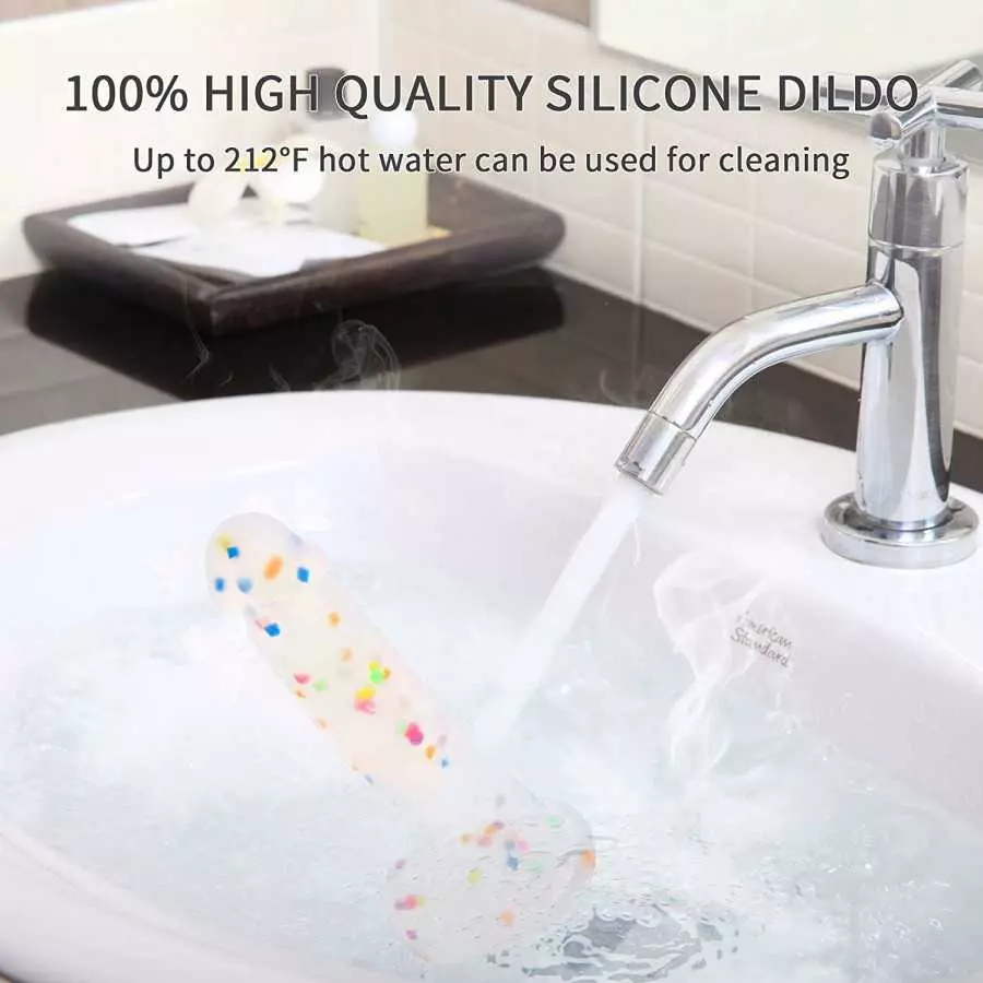 Seiecft 6.5 Inch Confetti Clear Silicone Dildo with Flared Suction Cup Base for Hands-Free Play, Flexible Dildo with Curved Shaf