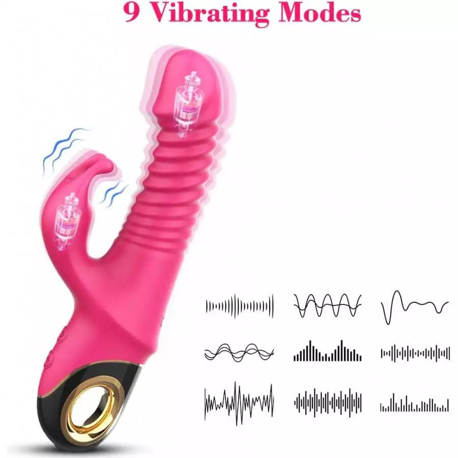 Thrusting G-spot Rabbit Vibrator for Women, Realistic Silicone Dildo Massager with 9 Vibrating Frequencies & 5 Telescopic Modes,