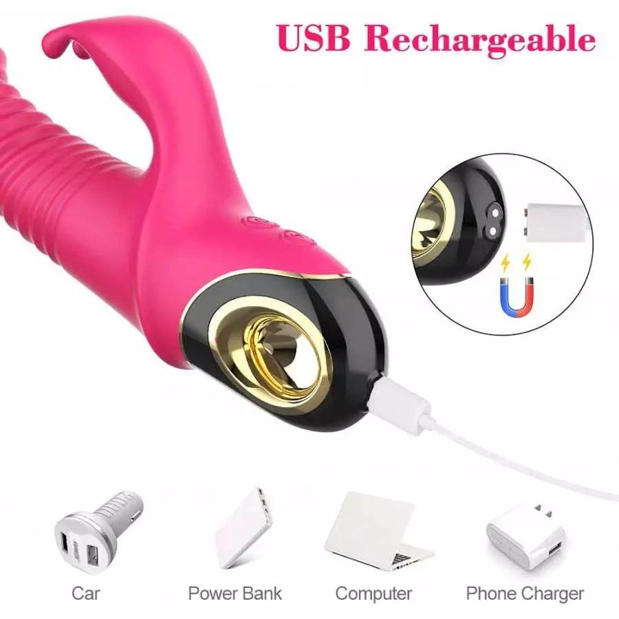 Thrusting G-spot Rabbit Vibrator for Women, Realistic Silicone Dildo Massager with 9 Vibrating Frequencies & 5 Telescopic Modes,