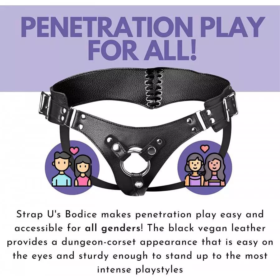 Strap U Bodice Corset Style Strap On Harness for Women, Men and Adult Couples, Fully Adjustable Waist, Vegan Friendly Leatherett