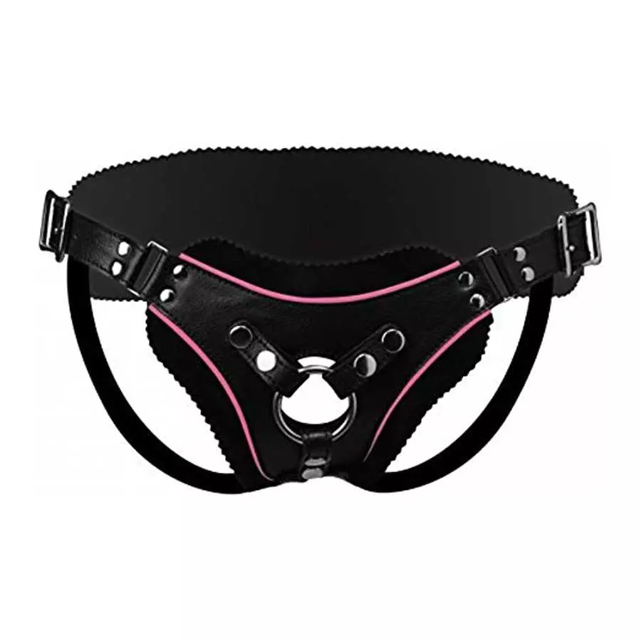 Strict Leather Low Rise Leather Strap-On Dildo Harness with Pink Accents Strict Leather Low Rise Leather Strap-On Dildo Harness with Pink Accents