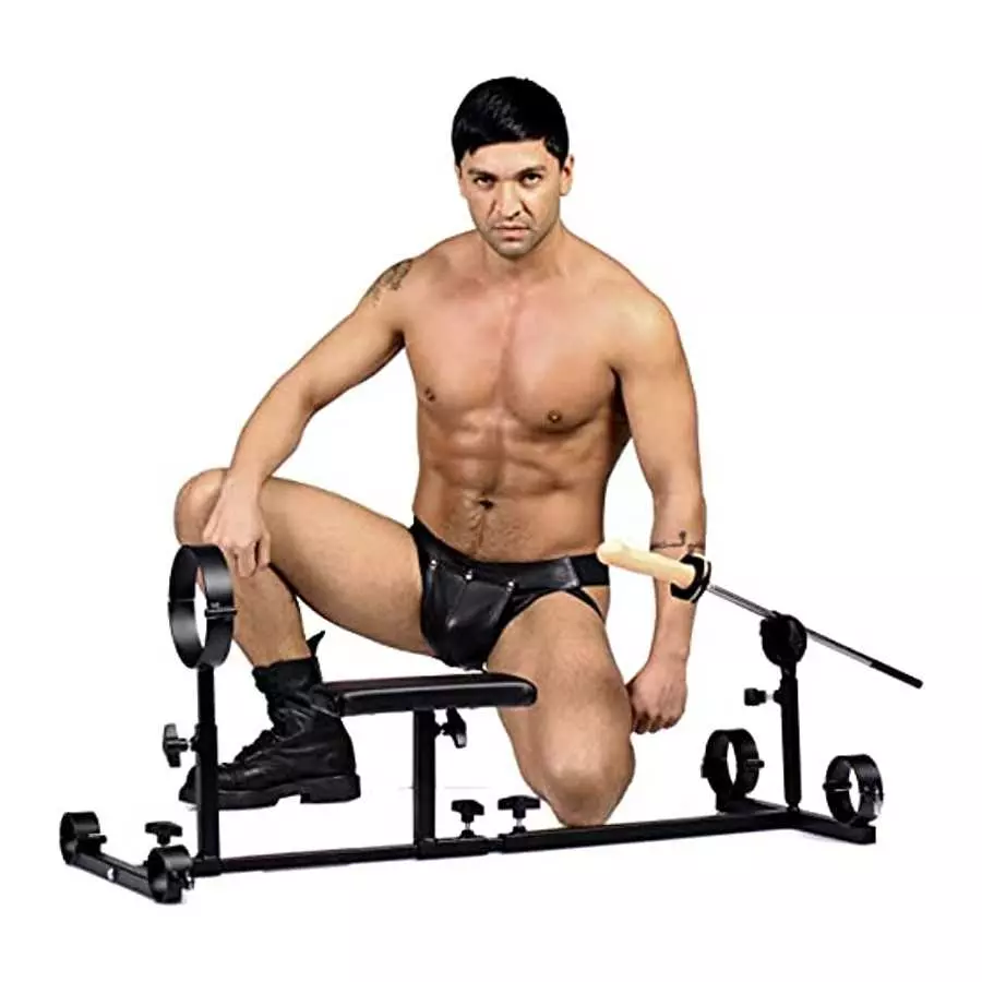 Strict Leather Stockade Sex Machine With Chest Pad and Dildo Rod