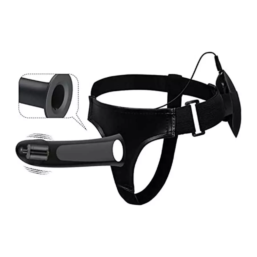 WEMAY Black Vibrating Dildo Strap-on Harness Wearable Dildos Flexible Silicone Hollow Shaft Dildo for Men Adult Sex Toys with Wi
