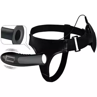 WEMAY Strap-on Sex Harness Vibrating Dildo, Flexible Silicone Hollow Dildos for Men Adult Sex Toy with Wired Remote Control, Bla