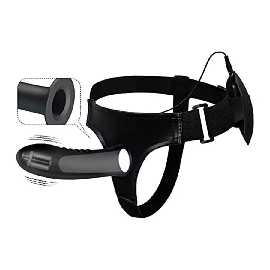 WEMAY Strap-on Sex Harness Vibrating Dildo, Flexible Silicone Hollow Dildos for Men Adult Sex Toy with Wired Remote Control, Bla