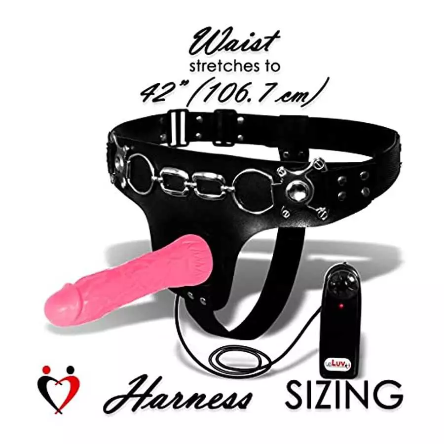 LeLuv Beige Strap On with Vibrating 7.75 Inch Dong on a Chrome-Detailed Adjustable Harness