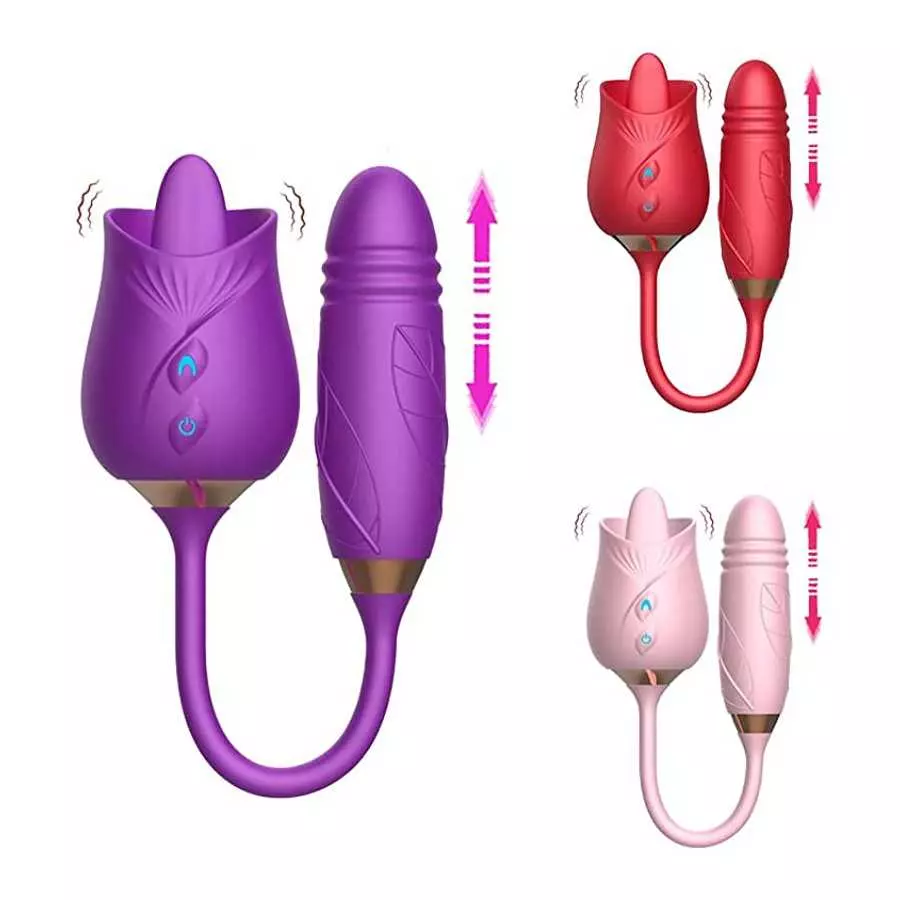Purple Licking Rose Vibrator with Thrusting Dildo