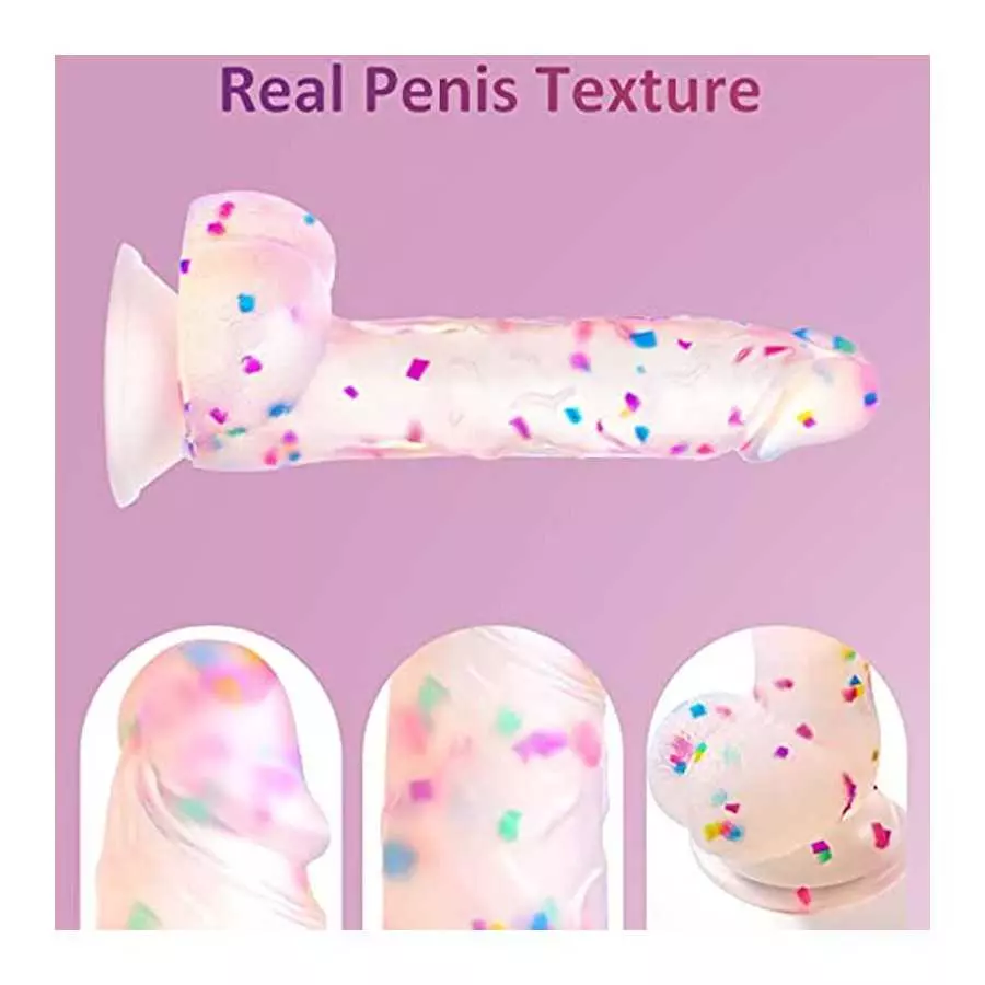 7.6 Confetti Dildo Realistic Clear Silicone Suction Cup Aldut Sex Toy，Human Safety Material, Suitable for Women/Men/Gay, Adult T