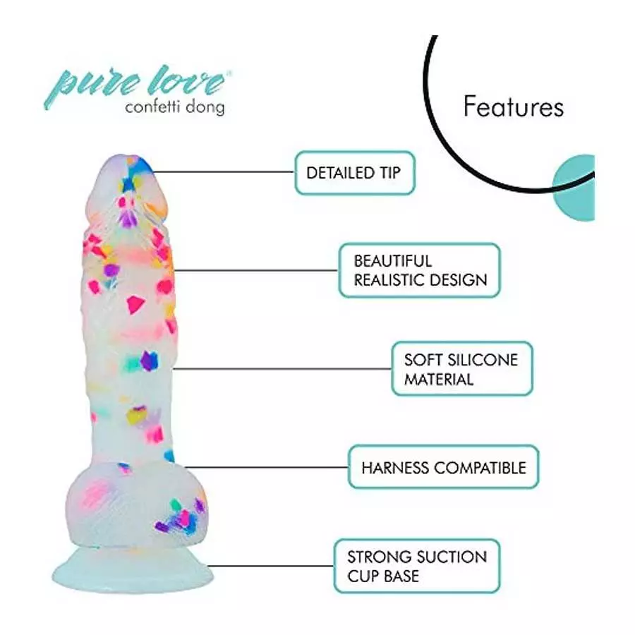 Pure Love 7.5" Confetti Clear Silicone Dildo With Suction Cup, Harness Compatible Adult Sex Toy